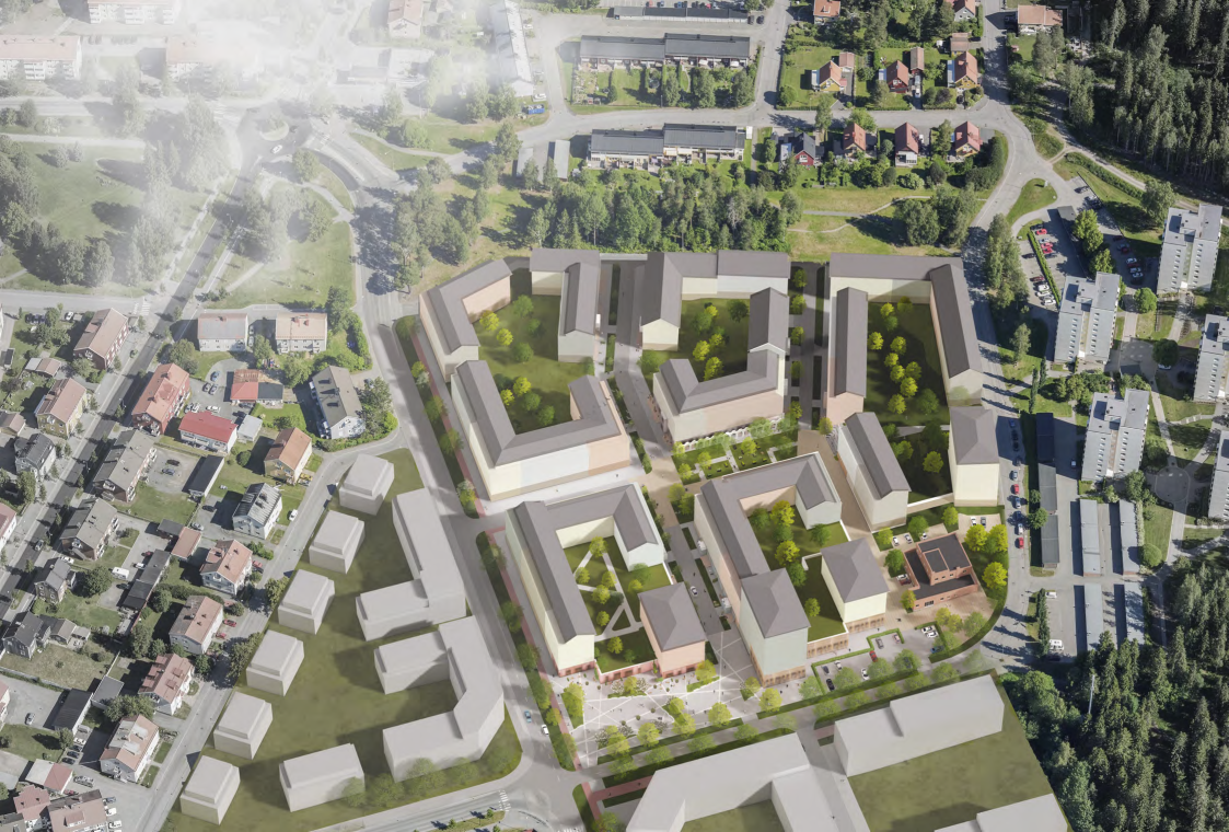 Flygbild över området med möjlig utbyggnad sedd mot norr med Stadsliden till höger. Bild Strategisk Arkitektur.