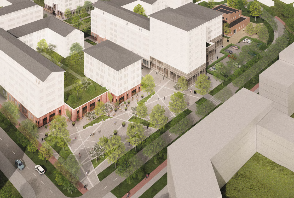 Illustrationbild med möjlig utformning kring torget vid korsningen Park- och Rothoffsvägen. Bild Strategisk Arkitektur.