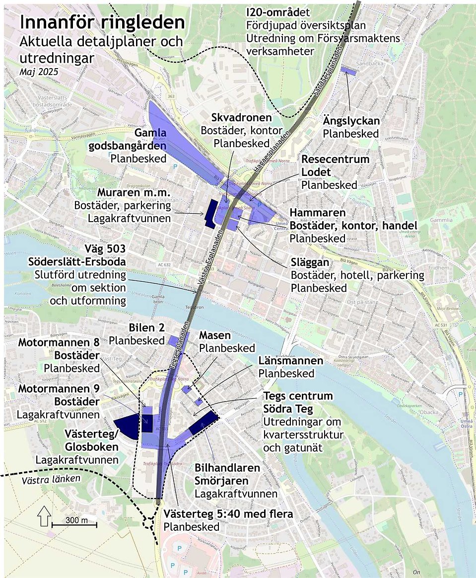 Karta som visar pågående detaljplanering markerat i lila
