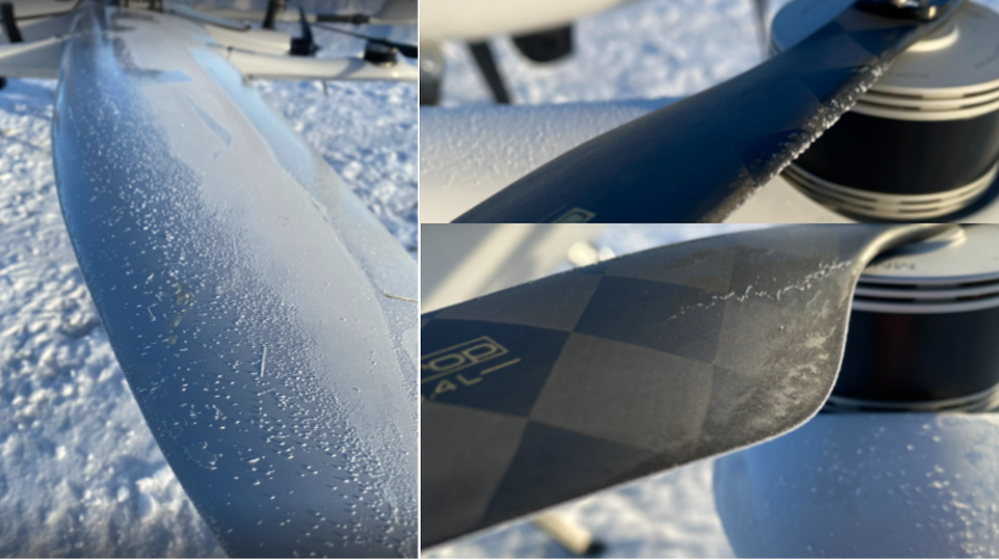 Bilden visar isuppbyggnaden på drönarens vingar och rotorer