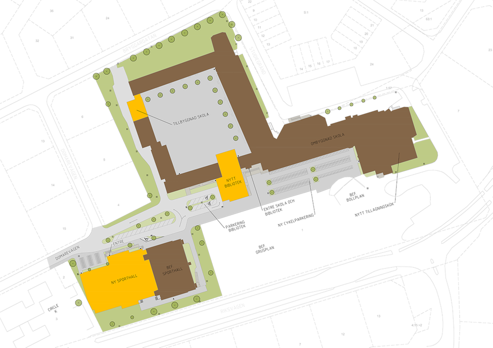 Bilden visar en översiktlig plan. Skissen framställdes av Sigma Civil AB. In gul färg visas de nya byggnader