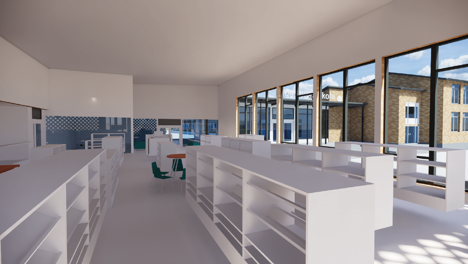 Skissbild på det nya stadsdelsbiblioteket (White Arkitekter)