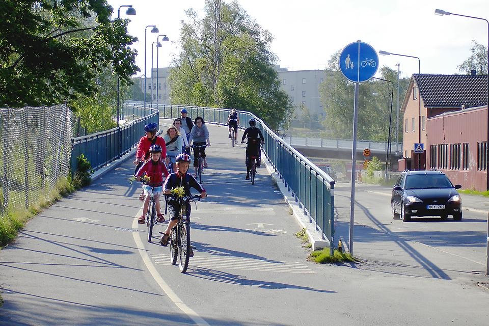 barn cyklar på cykelbana, bil, gata, hus