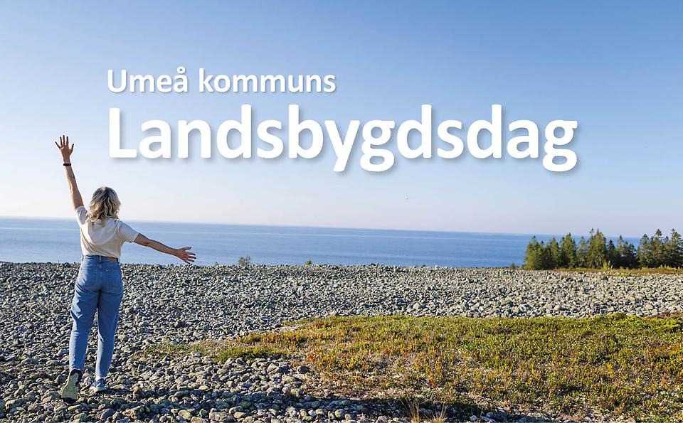 Person står på en stenig strand vid havet och sträcker armarna i luften en solig sensommardag. Text lyder Umeå kommuns landsbygdsdag.