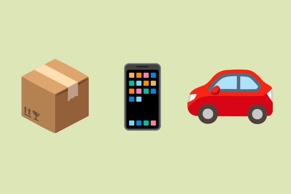 Illustration med tre uppförstorade emojis: ett brunt postpaket, en mobiltelefon och en röd bil